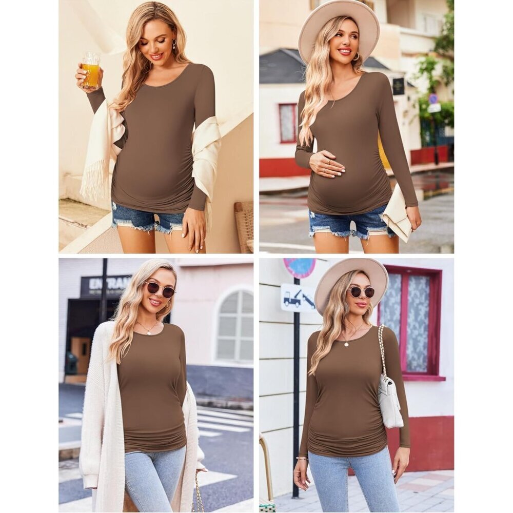 Maternity Shirts Long Sleeve 3 Pack Soft Fabric Side Ruched for Pregnancy - Picture 2 of 4